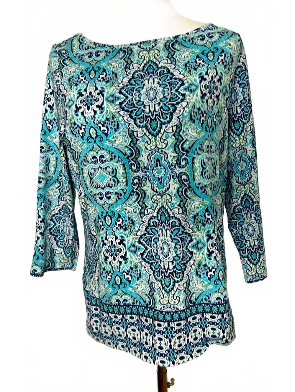 Talbots Petite LP Paisley Medallion Boat Neck 3/4 Sleeve Cotton Stretch Tee